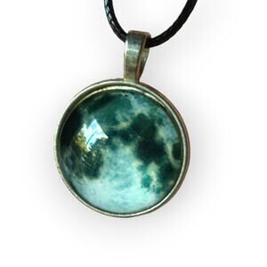 Abstract glass front dark green splatter pendant necklace
